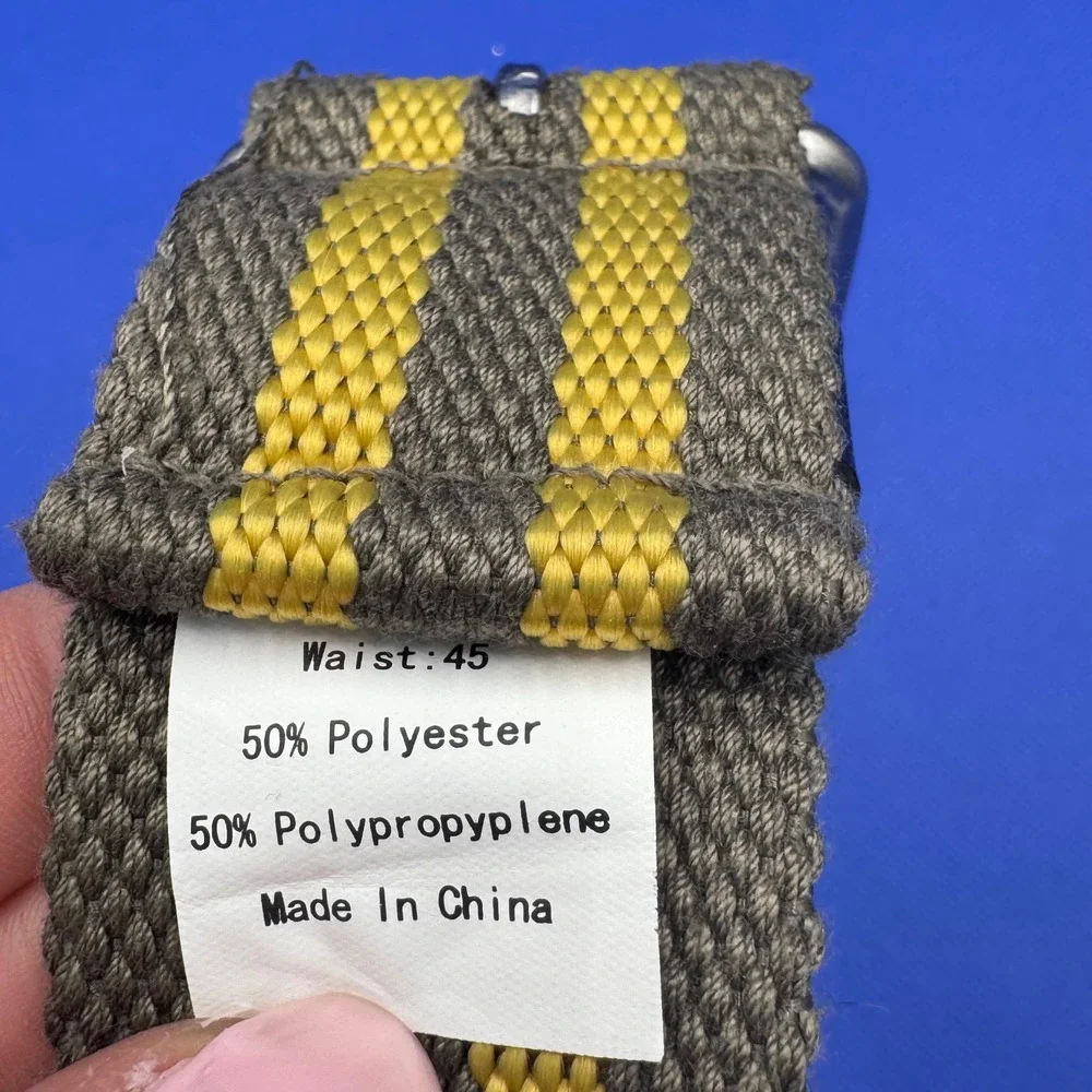 Striped Woven Web Belt Silver Buckle Grommet Yellow Gray Size 45 Mens Gorpcore